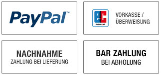 PayPal, Kreditkarte, Vorkasse / Ãœberweisung, Nachnahme, Barzahlung bei Abholung